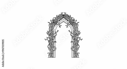 Ornate gothic archway adorned with flowing vines and abstract scrollwork