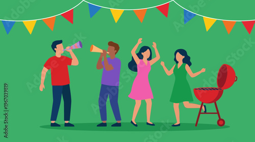 People celebrating outdoors with music, dancing, and a barbecue grill under colorful banners.