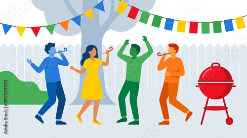 Four diverse people celebrating outdoors with party hats, blowers, and colorful bunting, next to a red barbecue grill in a backyard setting.