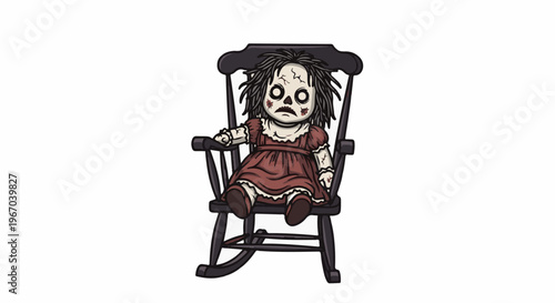 Creepy doll with tattered dress sits in a dark rocking chair, unsettling