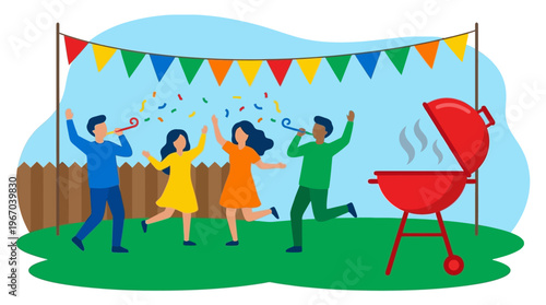 Four diverse friends celebrating an outdoor barbecue party with confetti, party horns, and colorful bunting under a blue sky.