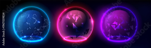 Protective shield domes with glowing geometric pattern isolated on black background. Vector realistic illustration of 3D transparent sphere barriers with tech mesh, neon energy field, digital security