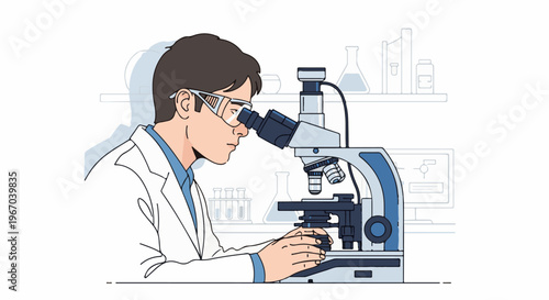 Scientist looks through a microscope in a lab with equipment