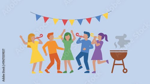 A vibrant vector illustration showing a diverse group of friends celebrating outdoors with party blowers, colorful banners, and a barbecue grill, enjoying a festive gathering.
