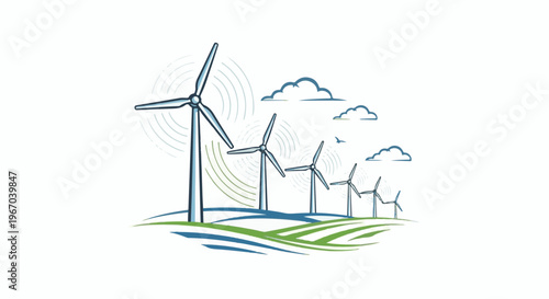 Row of wind turbines generating renewable energy in a stylized landscape