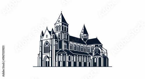 Stylized illustration of a grand gothic cathedral with multiple spires