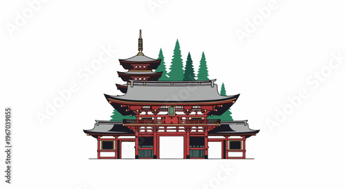Ornate Japanese pagoda-style gate with multi-tiered roof and pine trees