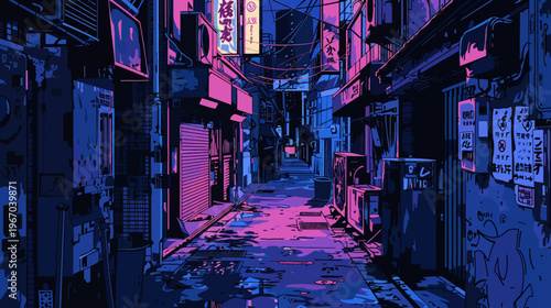 Neon alleyway illustration urban scene with futuristic aesthetic and lights