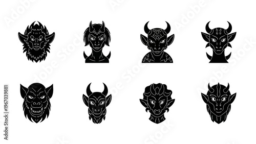Set of eight black and white mythical demon and creature icons illustrating various fierce,