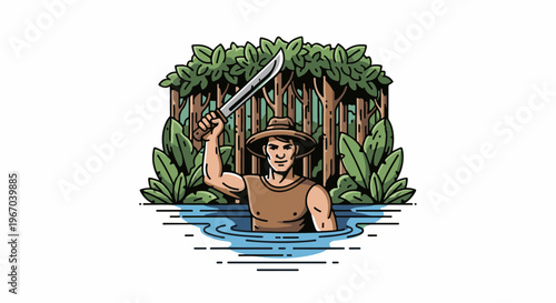 Man with machete in jungle water
