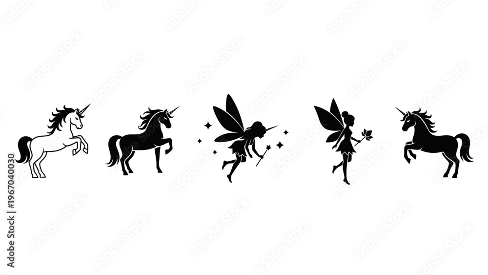 Fototapeta premium Set of five whimsical fantasy silhouettes featuring unicorns and fairy characters in black and