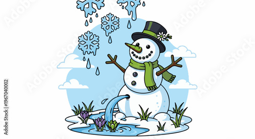 Melting snowman with snowflakes and crocuses, implying spring's arrival
