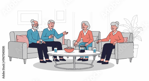 Four seniors enjoy conversation and refreshments in a cozy living room setting