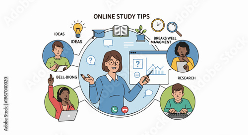 Online study tips graphic showing students and teacher with icons