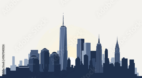 Stylized silhouette of a dense cityscape with tall buildings and a pale sun