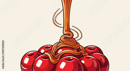 Shiny red cherries are drizzled with thick, golden caramel sauce