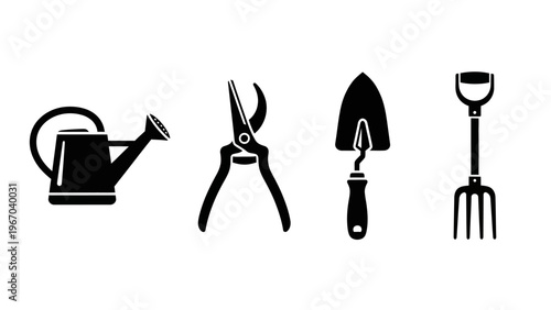 Set of four black and white gardening tools including watering can pruning shears trowel and