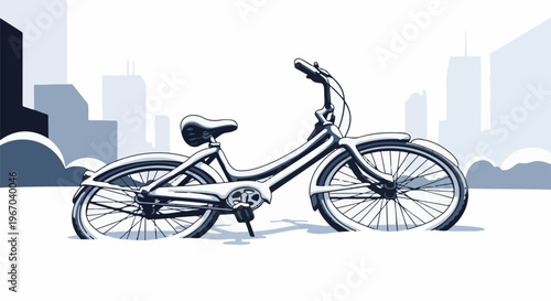 A stylized, pixelated image of a bicycle in a snowy urban landscape
