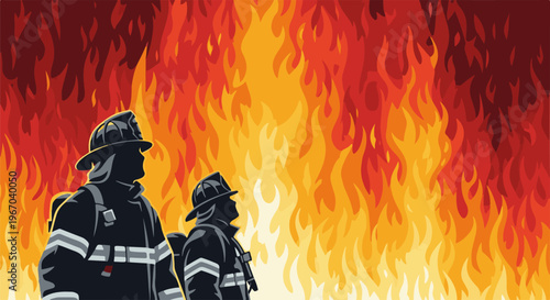 Firefighters silhouetted against a wall of flames