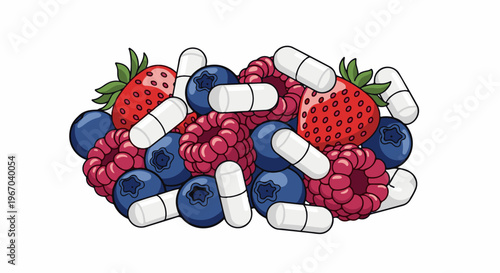 Pile of fresh berries and white capsules on a white background