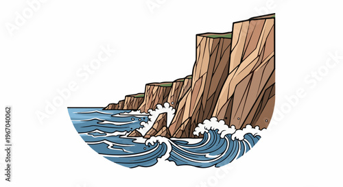 Crashing waves against rugged coastal cliffs, rendered in a bold, graphic style