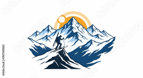Skier atop snowy peaks under a sunlit sky