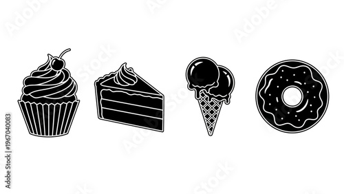 Set of four black and white illustrated dessert icons including cupcake slice cone and donut
