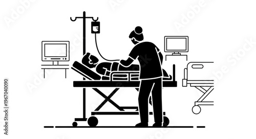 Nurse Cares for Patient in Hospital Bed with Medical Equipment.