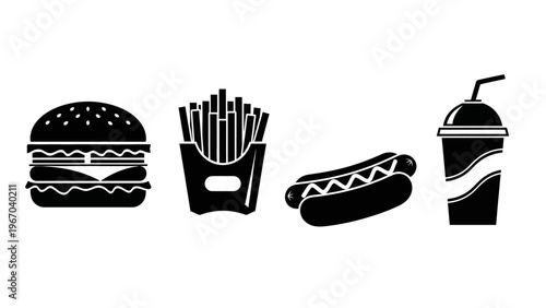 Set of four black silhouette icons representing fast food items including a burger fries hot dog