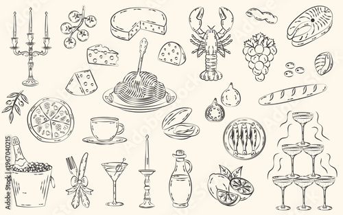 Italian mediterranean food set in hand drawn whimsical style. La Dolce Vita. Amalfi coast.