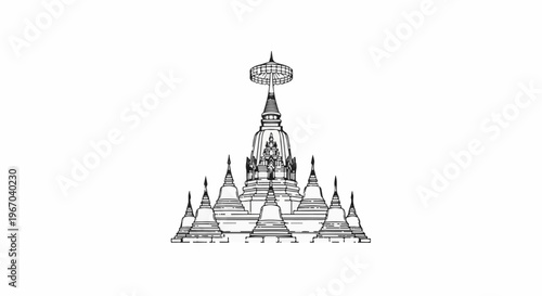 Ornate, multi-tiered stupa complex with a central, larger structure and surrounding smaller ones