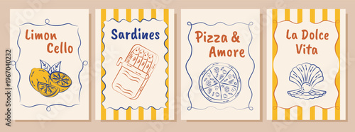Italian summer posters and cards in hand drawn whimsical style. lemons. Mediterranean. La Dolce Vita. Amalfi coast.