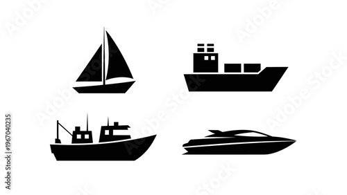 Set of four black silhouette icons representing different types of marine vessels and boats