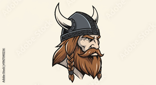 Fierce warrior with horned helmet, braided beard, and stern gaze
