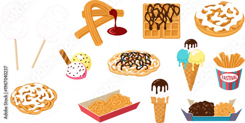 Carnival and Fair Food Collection Featuring Cotton Candy, Waffles, Churros, Ice Cream, Funnel Cake and Festival Snacks Vector Illustration Set