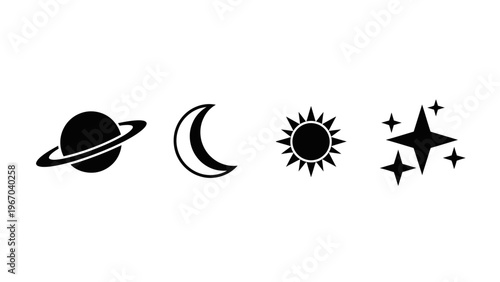 Set of four celestial and astronomical icons representing planets moons suns and stars in minimal