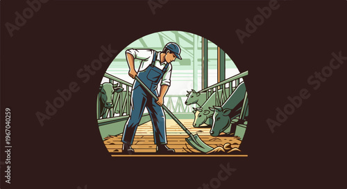 Farmer tending to cows in a barn with a shovel, pixel art style