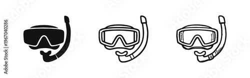 Snorkel and mask icons set in solid, outline, and hand-drawn doodle styles for diving and underwater exploration.