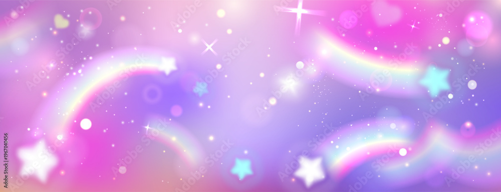 Obraz premium Cute unicorn background with rainbow sky, pastel stars and magical sparkles. Vector realistic illustration of dreamy fairy tale scene, pink clouds and glitter for princess designs, fantasy cloudscape