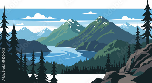 Pixelated mountainous landscape with a lake and evergreen trees