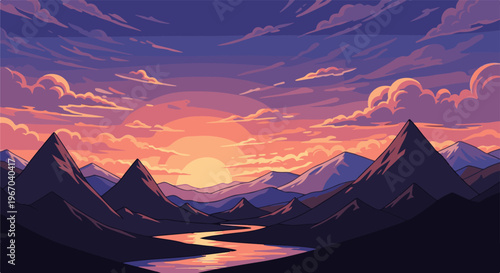 Pixelated mountains and river reflect a vibrant sunset with dramatic clouds