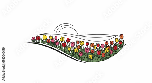 A stylized depiction of a curved landscape with a sunrise over a bed of colorful tulips
