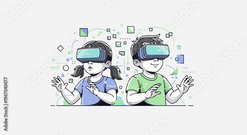 Two children with virtual reality headsets exploring a digital world
