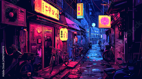 Neon alleyway scene illuminated shops bicycles and atmospheric evening