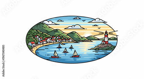 Coastal village scene with sailboats, a lighthouse, and distant hills at sunset