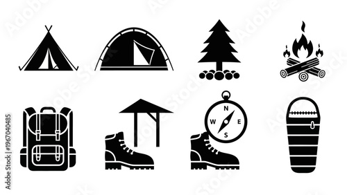 Set of outdoor adventure icons including tent campfire hiking and compass symbols for exploration