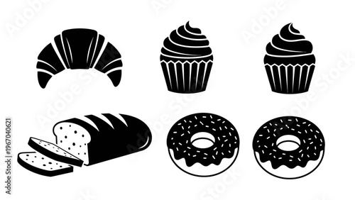 Silhouette icons of baked goods and desserts including croissant cupcakes bread and donuts in