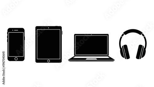 Silhouette Icons of Mobile Phone Tablet Laptop and Headphones in Minimal Black Design for