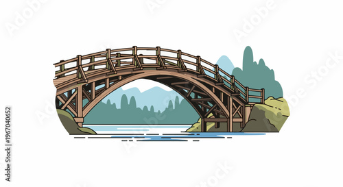 Rustic wooden arched bridge spans a calm river with forested hills beyond