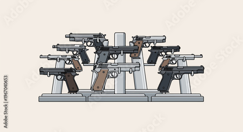 Display of various semi-automatic handguns arranged on a multi-tiered rack